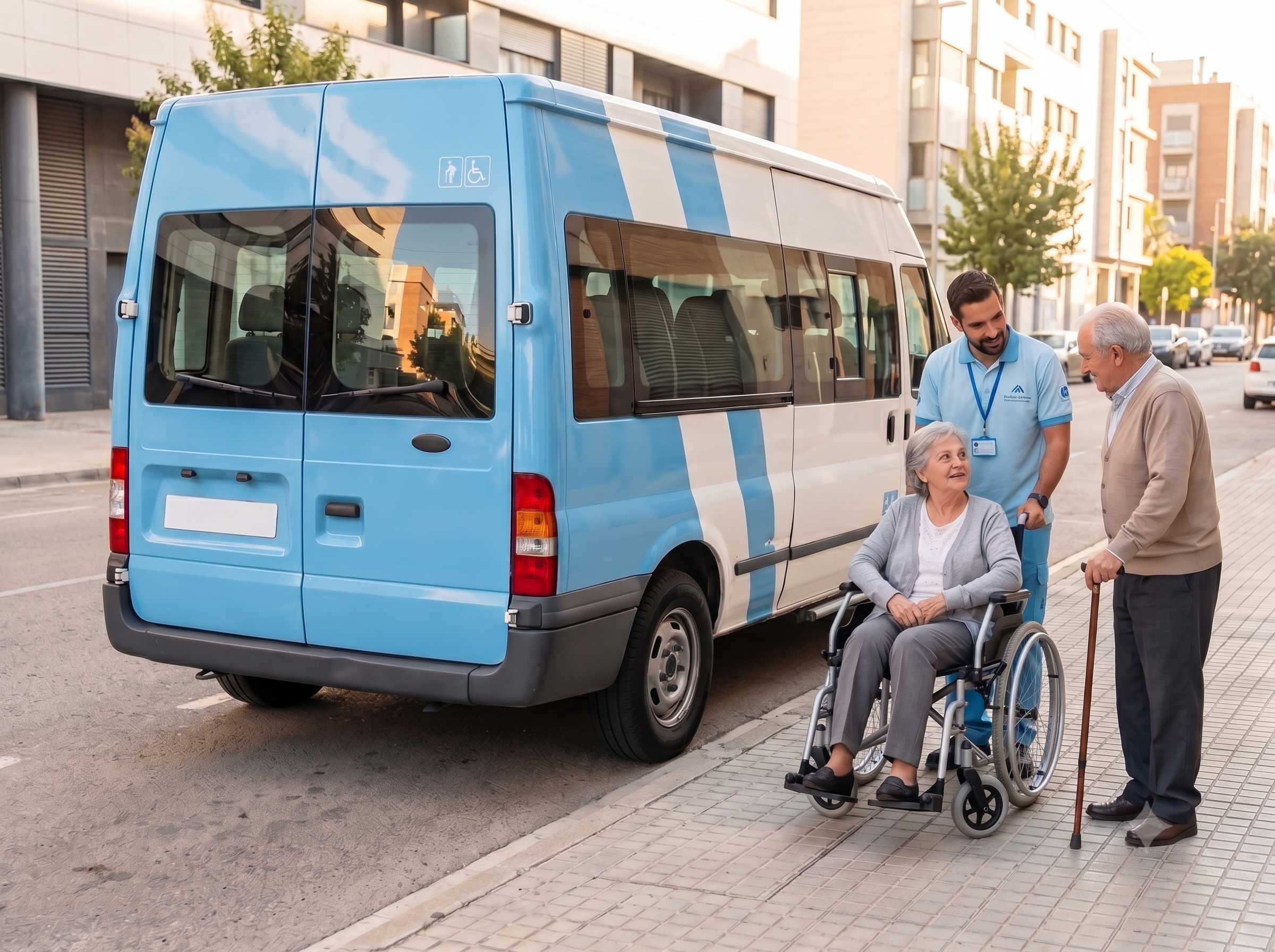 Cuidador de DEPAPU con uniforme azul asistiendo a una mujer mayor en silla de ruedas junto a una furgoneta adaptada blanca y azul, mientras un hombre mayor con bastón sonríe
